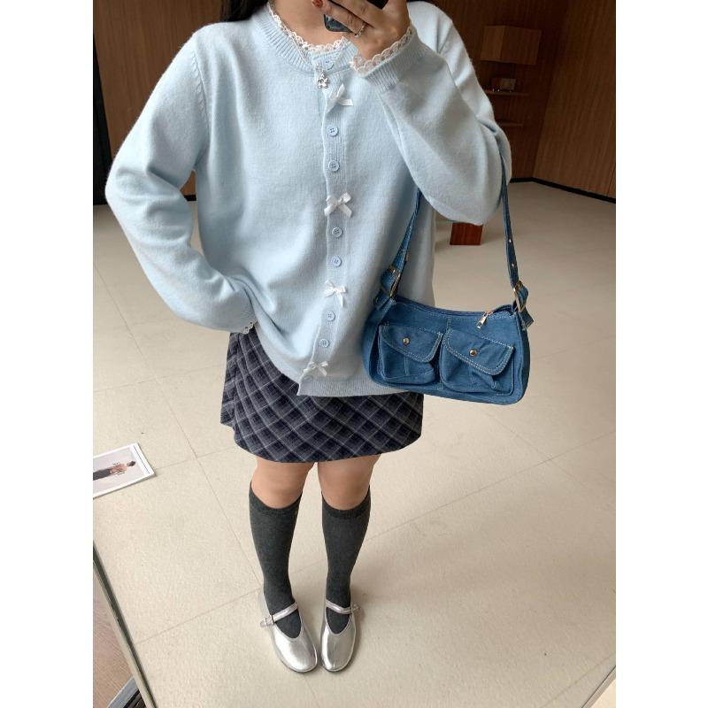 Autumn and winter new large-size women's clothing bow button knitted cardigan jacket casual versatile loose crew neck knitted sweater