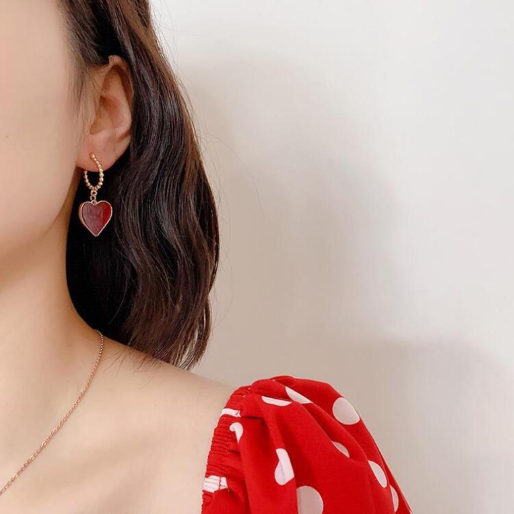Sweet Vintage Red Heart Dangle Earrings Gold Color Beaded Hoop Drop Earrings for Women Daily Party Romantic Valentines Jewelry