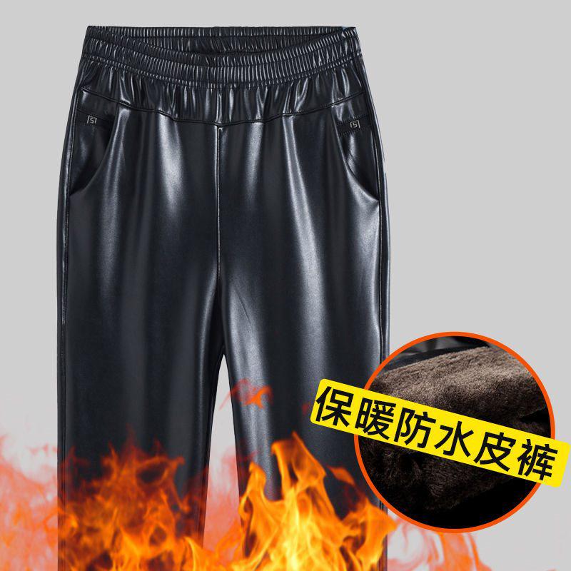 Women's High Waist Fleece-Lined Leather Pants - Winter Straight Leg, Loose Fit, Waterproof, Plus Size, Ideal for Work and Casual Wear