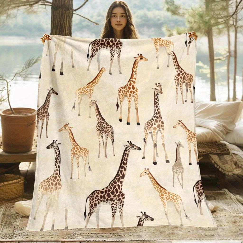1pc Giraffe Print Flannel Blanket - Lightweight, Soft & Warm Digital Print for Bedding, Sofa, Travel, Camping, Living Room