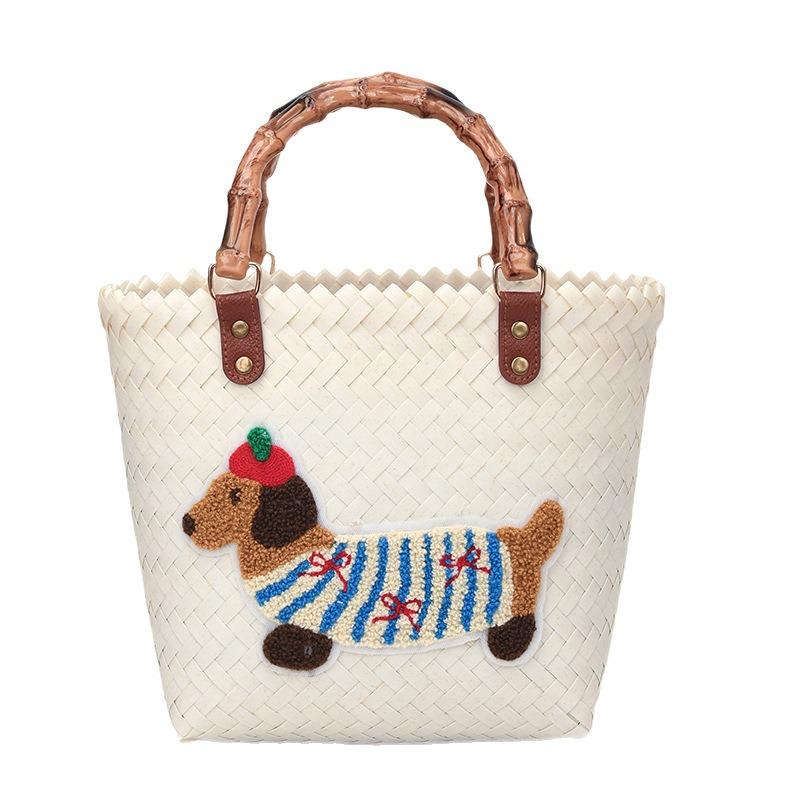 New Woven Niche Design Vegetable Basket Bag Retro Striped Dachshund Multi-color Commuting Large-capacity Handbag Bag