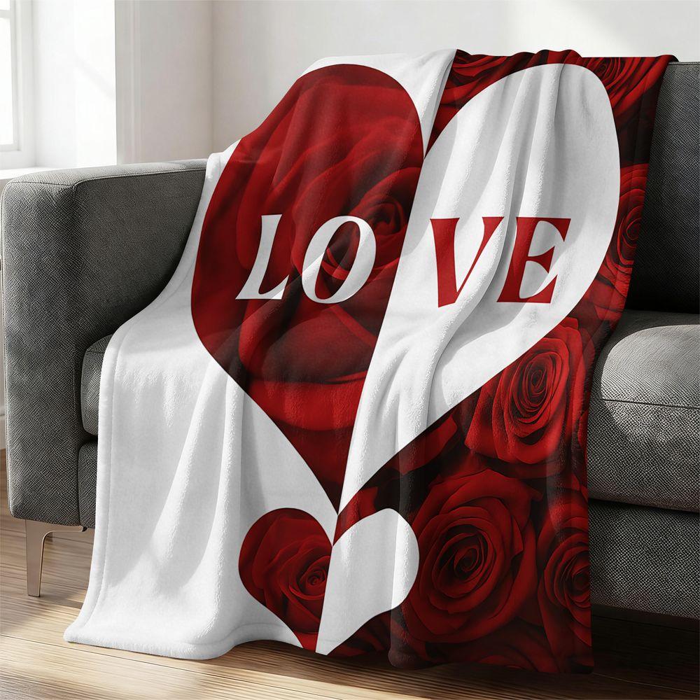 Valentine Love Heart Rose Split Print Flannel Fleece Blanket Soft Throw for Couple Wedding Gift Home Sofa Bed
