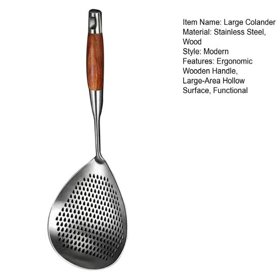 Large Colander Ergonomic Wooden Handle Large Capacity Quick Drain Triangular Holes Stainless Steel 304 Food Grade Large Slotted Spoon