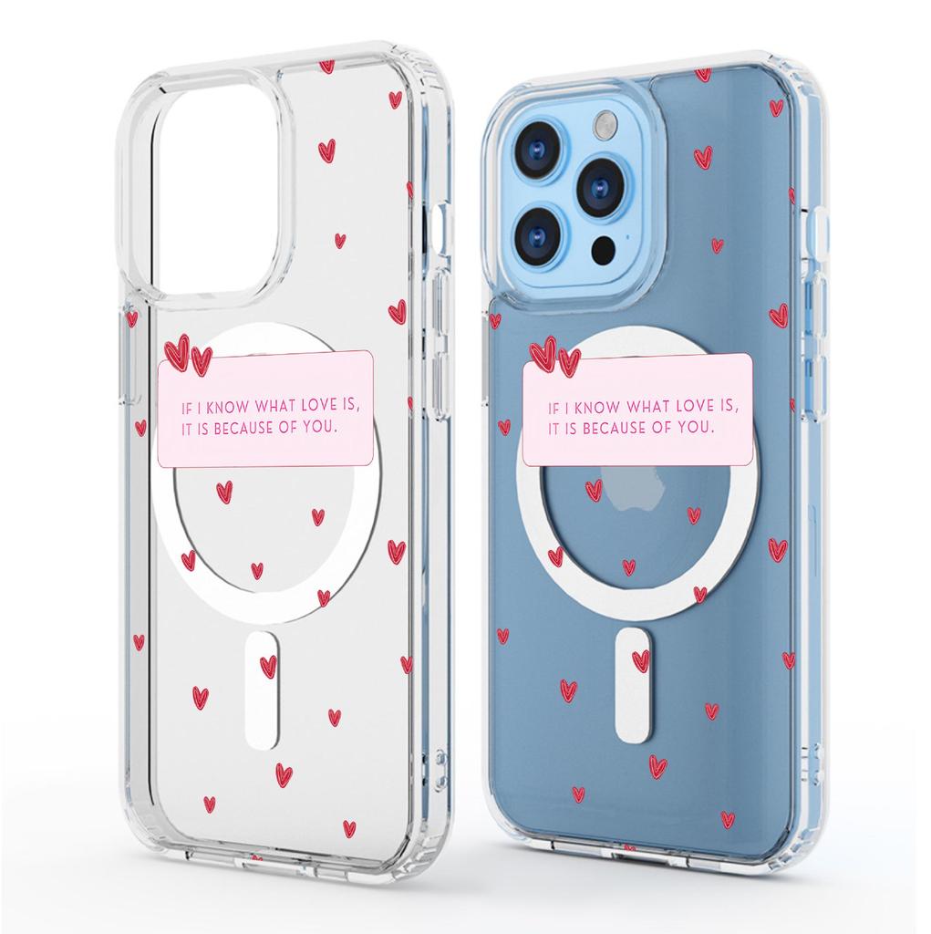 Red Heart Magnetic Transparent Case for iPhone 15/16/17 Pro Max – Full Coverage