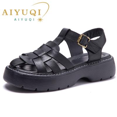 Mode AIYUQI Sandalen Damen Sommer 2025 Neu Echtes Leder Baotou Römersandalen Damen Retro Hohl Gewebt Damen Sandalen