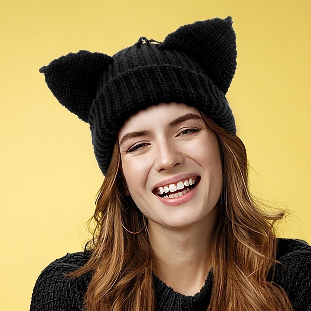 Yarn Knitted Beanie Hat Stretchable Knit Striped Beanie Gifts Cat Ear Beanie  Women and Men