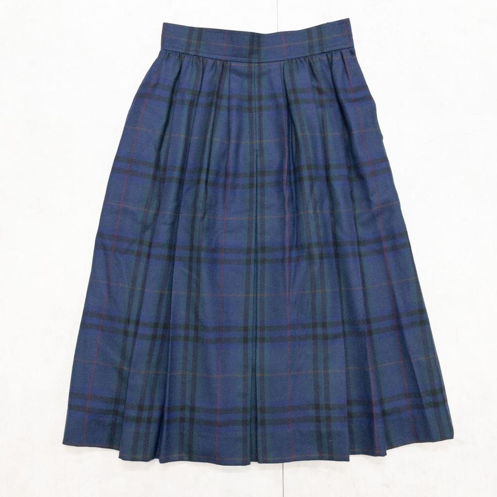 Used YVES SAINT LAURENT Pleated Skirt Blackwatch Check Wool Navy Women's M b00927