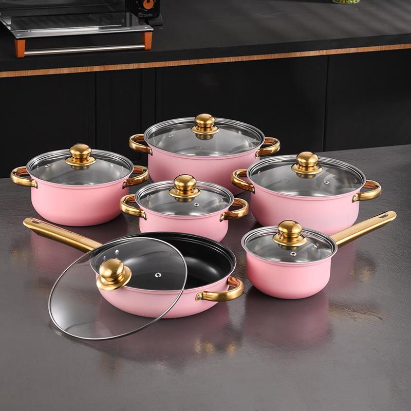 Stainless Steel Blue Pot Set, Gold Handle Six-piece Set, Soup Pan, Milk Pan, Frying Pan, Wok, Cookware