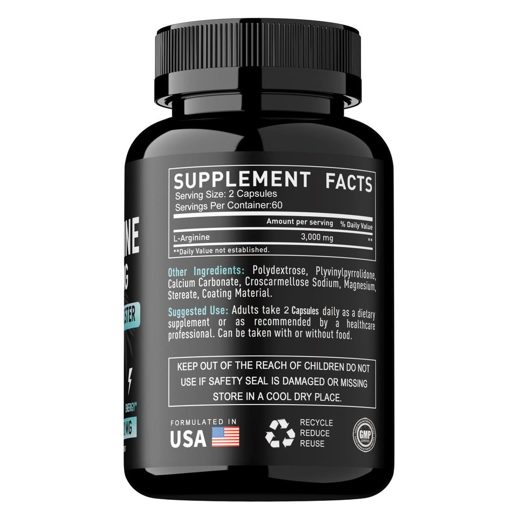 Extrakt z L-Argininu, Kapsle 3000 mg, Doplněk oxidu dusnatého, Podporuje růst svalů, Cévní funkce a Energii