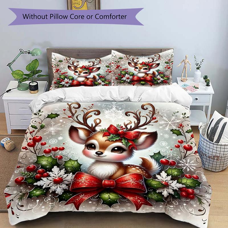 3pcs Christmas Deer Print Bedding Set (1 Cover + 2 Pillowcases, Without Inserts), This Printed Bedding Set is Soft and Comfortable, Suitable for