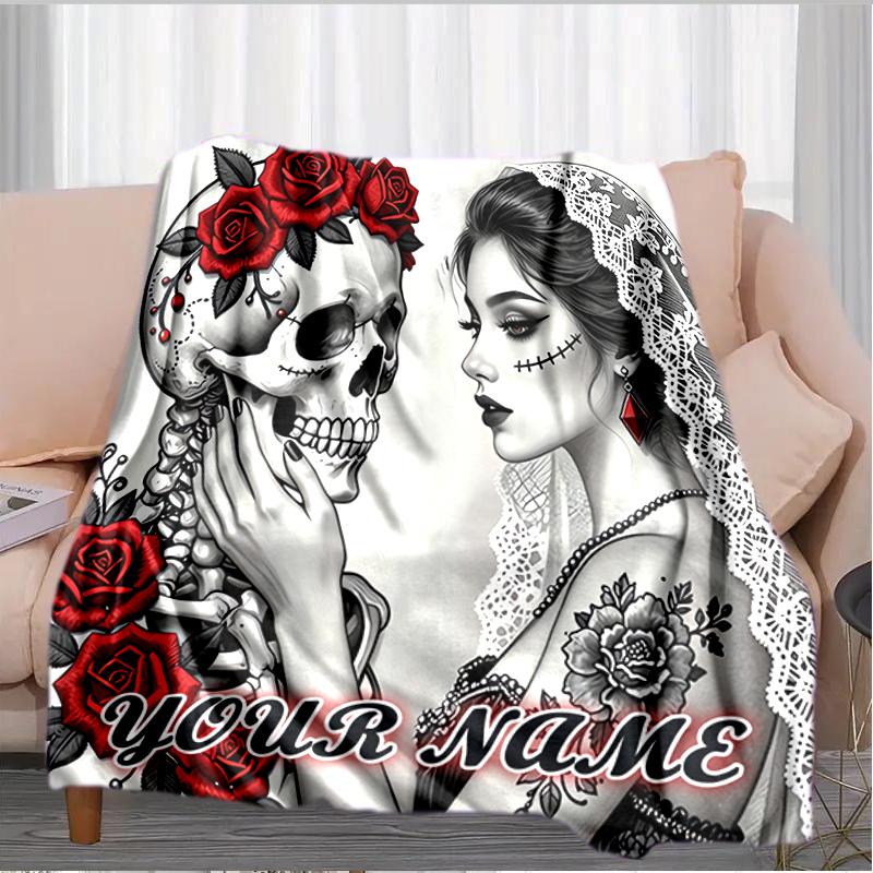 1PC Custom Name Day Dead Romance flannel blanket versatile,all-season throw suitable for the living room,bedroom,camping,travel,and gift