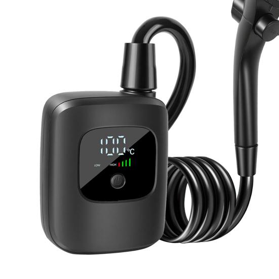 Przenośny prysznic kempingowy z wyświetlaczem LED, bateria 2400 mAh, czas użytkowania 180 min, 4 tryby prysznica, regulowane ciśnienie wody, szybkozłączka, pompa prysznicowa outdoor