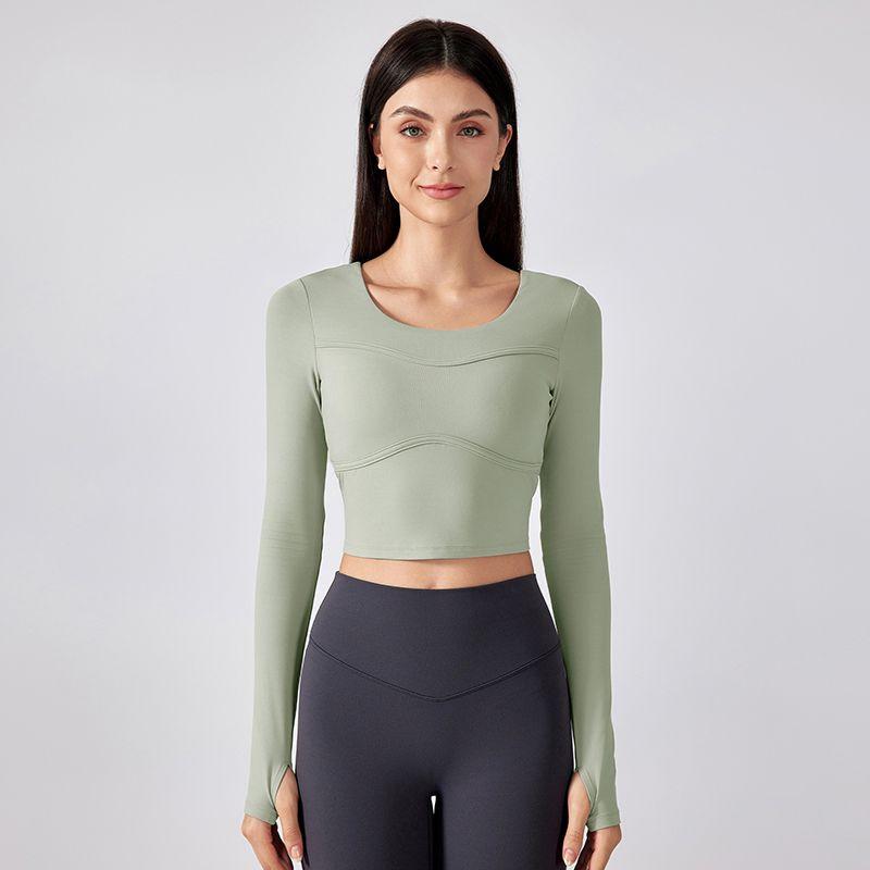 Original Long sleeve Yoga Clothes With Chest Pad Outer Wear Half Fixed Cup Quick-Drying T-shirt Women Short Pilates Workout Clothes