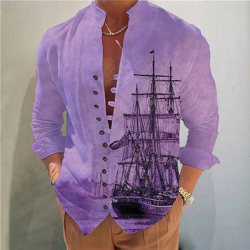 Herren Vintage Segelboot Print Stehkragen Langarmhemd