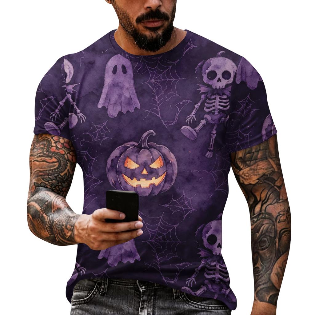 Men's Halloween Print Short Sleeve T Shirt Loose Casual Summer Daily Top Crew Neck Comfortable Fit for Outdoor Indoor Wear