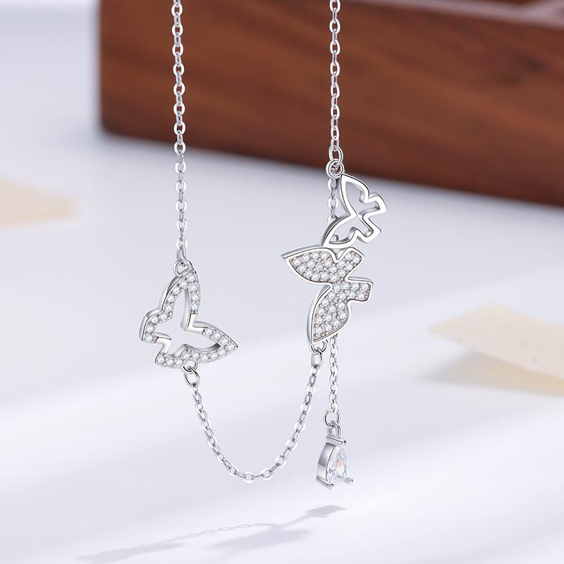 Elegant 925 Sterling Silver Butterfly Tassel Women's Necklace, High-end Exquisite Jewelry, Rhodium Plated