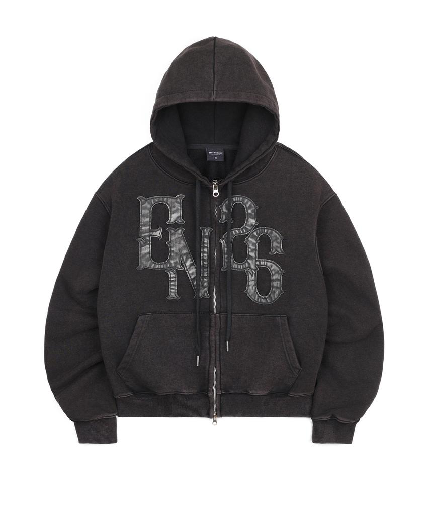 Easy No Easy Washed Leather Patch Zip-Up Hoodie - Black