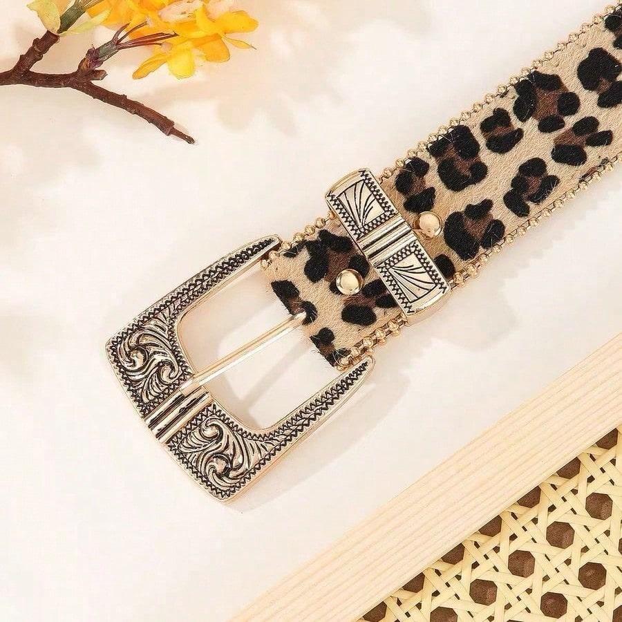 Retro American Y2k Leopard Print Niche Carved Metal Buckle Belt Waist Belt for Women