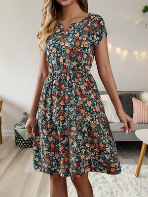 Summer New Women's Elegant Floral Print Elastic Waisted V-Neck Short Sleeve Dress