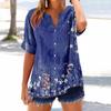 Women's Loose Printed Stand Collar Short-sleeved Cotton and Linen Top