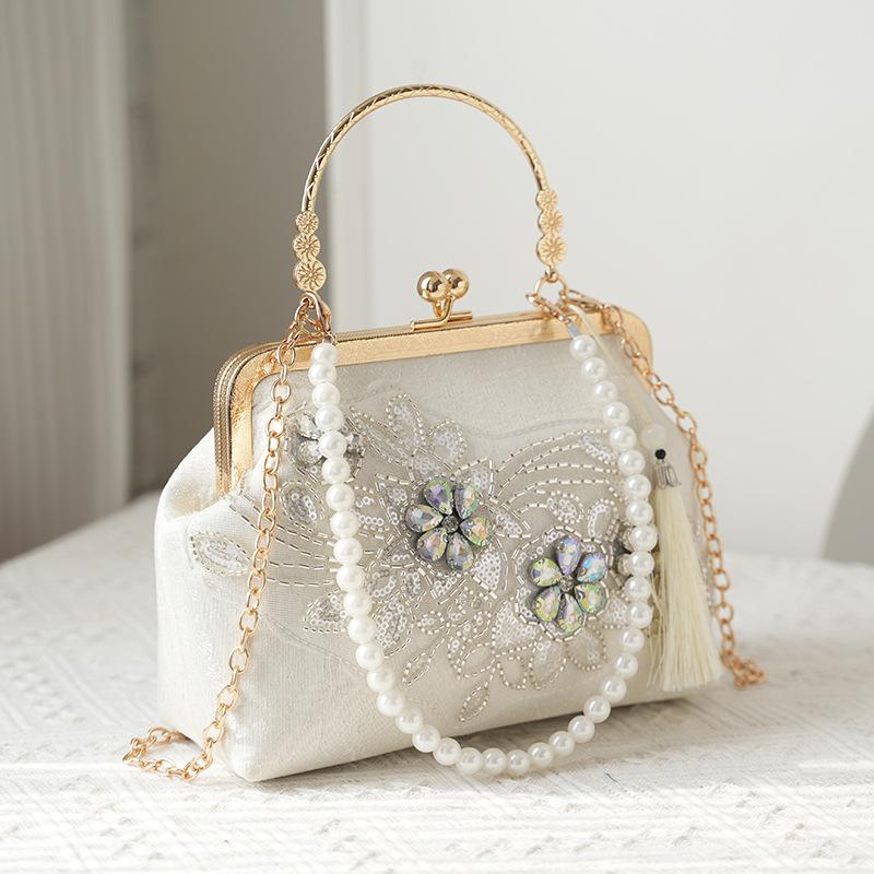 Pearl Embroidery Fashion Tote Bag Cheongsam Banquet Clutch Bag Chain Bag Embroidery Bead Bag Shoulder Bag Pearl Chain Bag