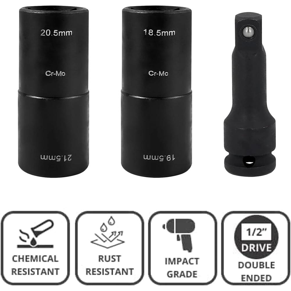 Set of 3 Double Head Impact Wrench Nuts Set 18.5/19.5/20.5/21.5 mm with 1/2 Inch Extension and Double Head Socket