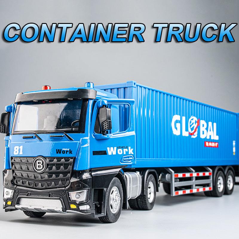 1:24 Container Truck Model Miniature Toys Alloy Diecast Dump Truck Tanker Vehicle Models Sound Light Doors Opened for Kids Gifts