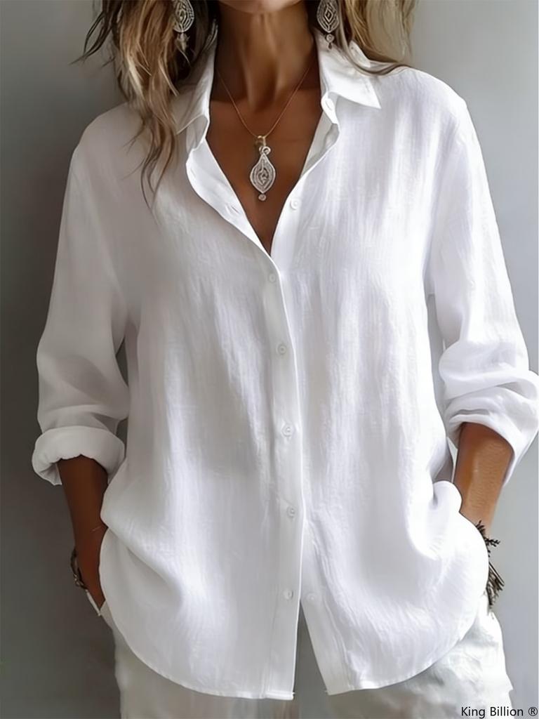 Women's Oversized White Linen Button-Down Shirt - Relaxed Long Rolled Sleeve Casual Summer Beach Vacation Blouse