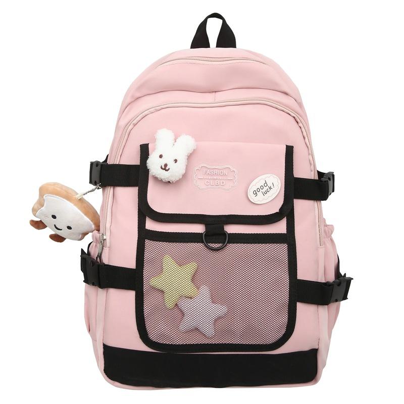 

Женский рюкзак с цветными блоками для учеников средней школы, большой вместимости розовый