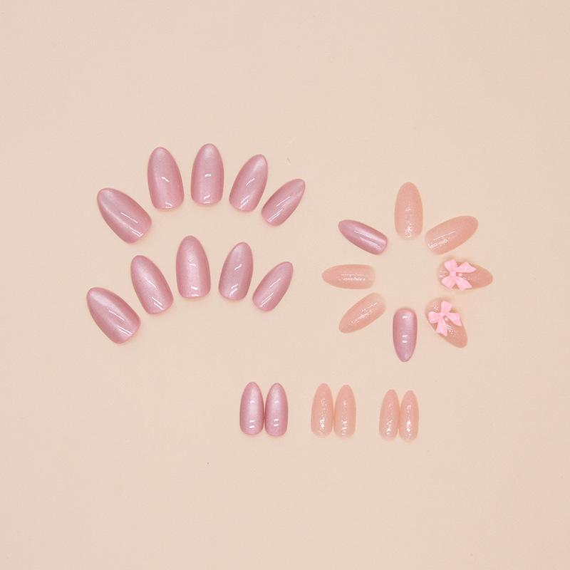 24 Pieces Nail Patch Fake Nail Bow Removable Fairy Solid Color Ins Wind Wearing Nail Sweet Pink Nail Art