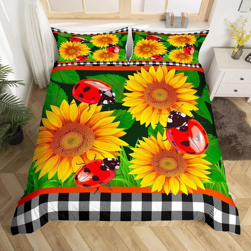 Ladybug Duvet Cover Set Cute Bug Bedding Set Twin Size for Kids Boys Bedroom Red Floral and Insect Adults Queen Duvet Cover Sets