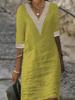 Solid Color V-neck Mid Sleeve Cotton Linen Casual Dress