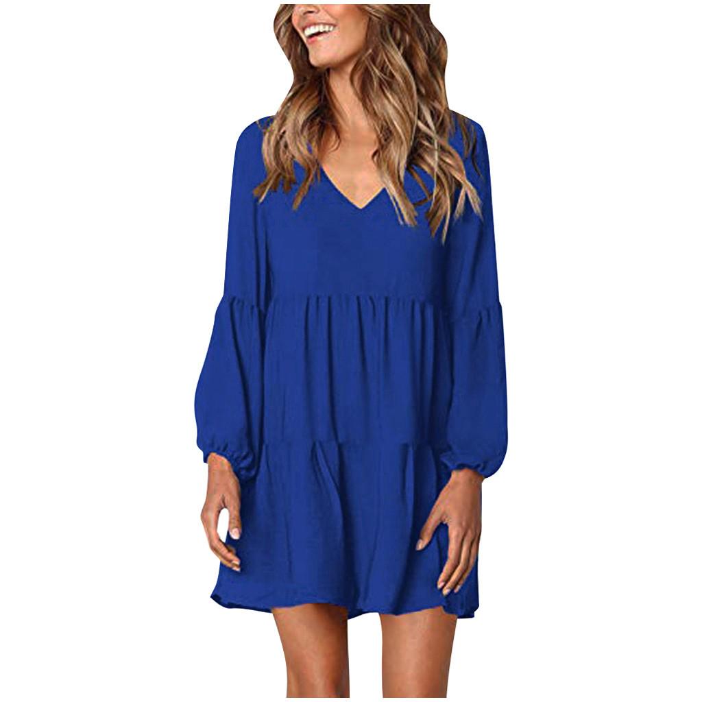 Fashion Women Long Sleeve V-Neck Draped Knee-Length Dress