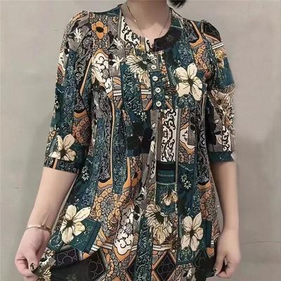 Abbigliamento da donna Casual Vintage Stampa floreale Stile etnico T-shirt in seta ghiacciata Moda estiva Scollo a V Manica a 3/4 Tunica ampia Top da donna