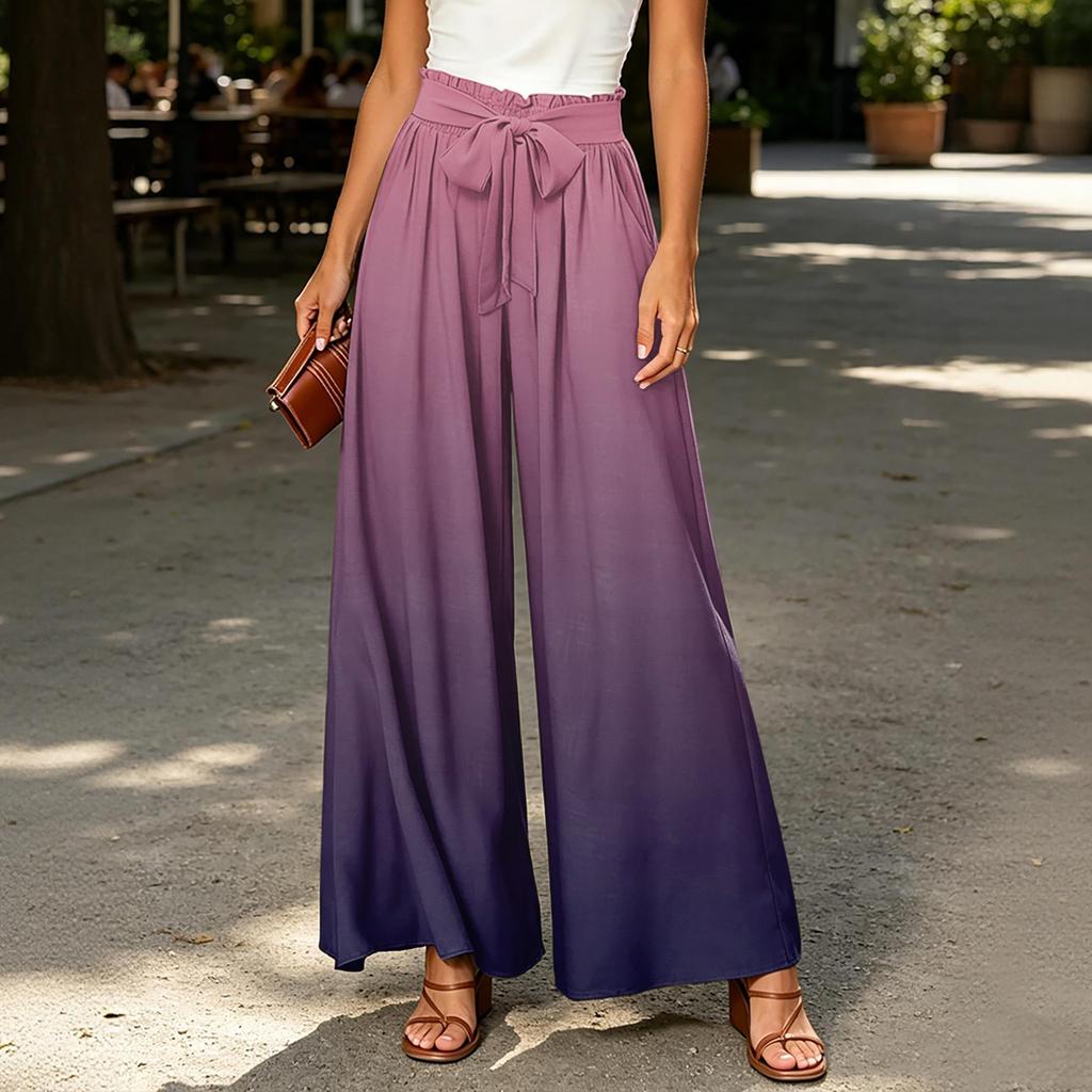 Women's Wide Leg Casual Pants High Waist Tie Belt Loose Fit Lightweight Comfortable Flowing Fabric Bottoms for Everyday Wear