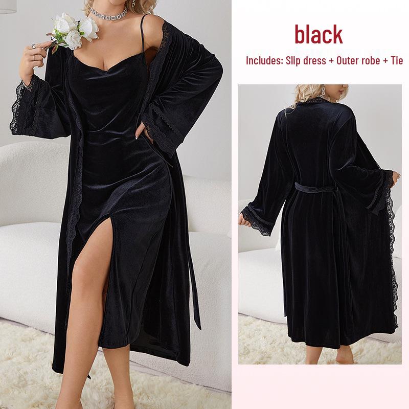 Fiyun Elegant Velvet Nightgown with Sexy Slit and Backless Design - European & American Style Home Set 651