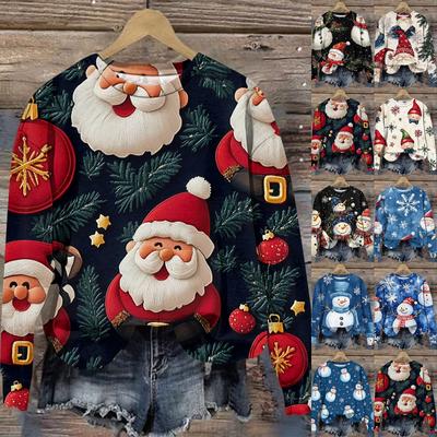 Women's Fashion Round Neck Pullover Long Sleeve Tee Christmas Printed Top