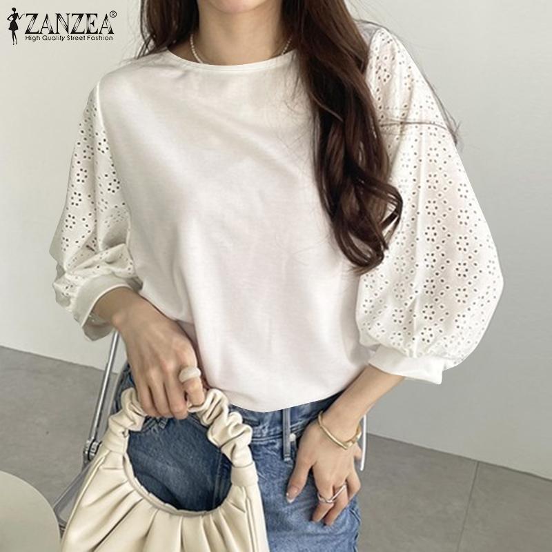 

ZANZEA Womens Casual Lace Crochet Patchwork 3/4 Sleeve Loose Blouse S чёрный