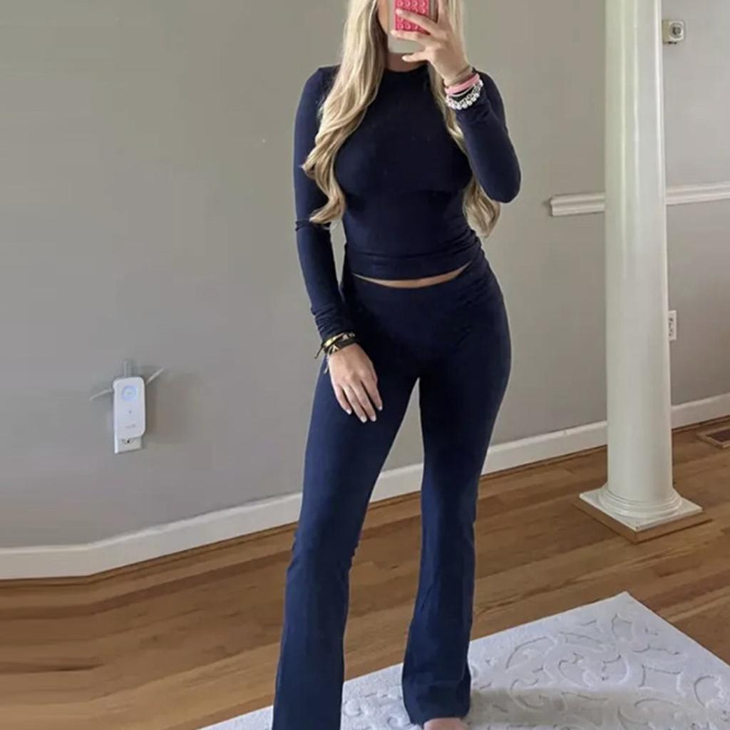 Damen-Set, modisch, einfarbig, Rundhalsausschnitt, Langarm, Oberteil, weites Bein, Hose