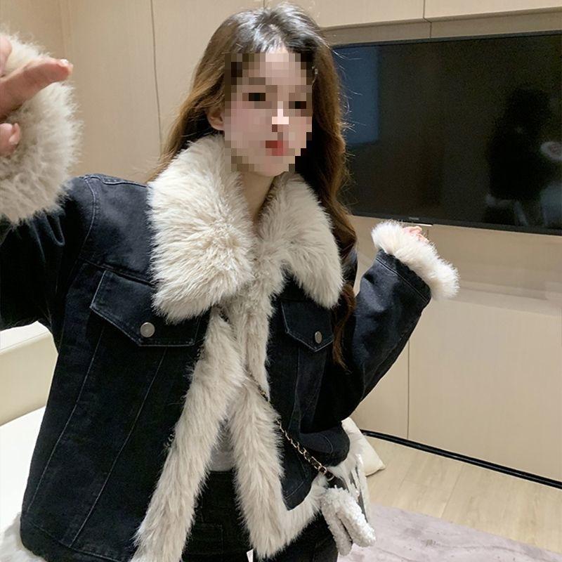 Thickened and thickened short cotton clothes plush denim jacket autumn and winter new fried street lamb splicing top