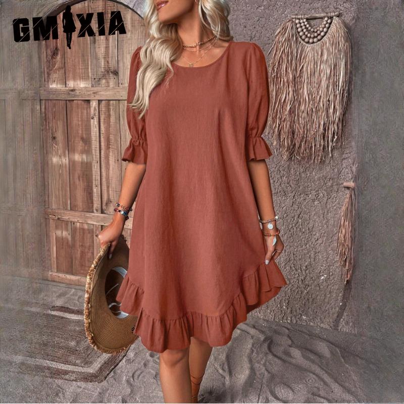 GMXIA Women's Fashion Summer Spring Solid Color Print O-Neck High Waist Casual Dresses