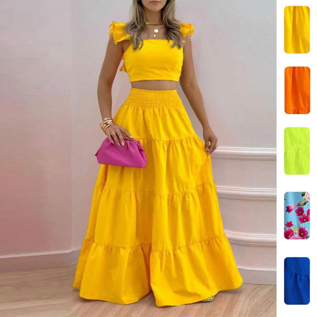 Damen Locker Sitzendes Zweiteiliges Passendes Set Ärmelloses Rüschen Crop Top Elastischer Hoher Bund Stufenrock Maxirock Anzug