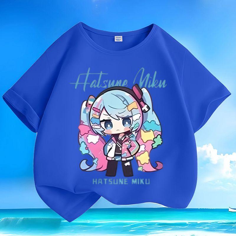 Newly Designed Printed Q-version Cute Hatsune Miku Boy-girl Children's Summer Pure Cotton Loose Casual Short-sleeved Shirt