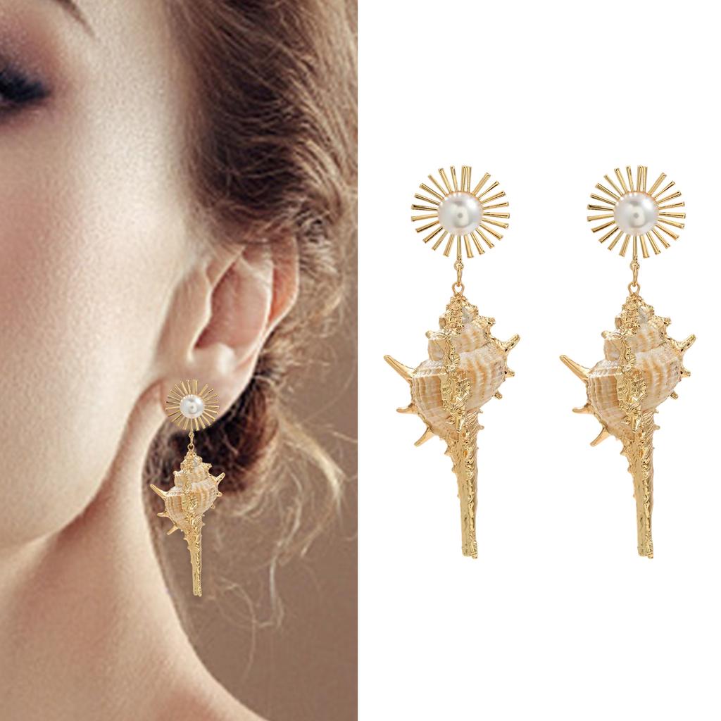 Einzigartige Muschel-Ohrringe mit Imitationsperlen Strandmuscheln Schneckenhängeohrringe für Partys Festivals und Urlaub