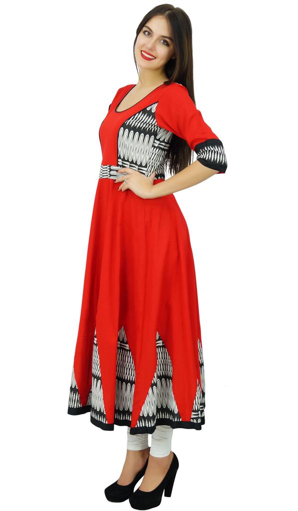 Bimba Women Long Flaired Kurti Red Cotton India Custom Clothing Designer Kurta Boho Chic