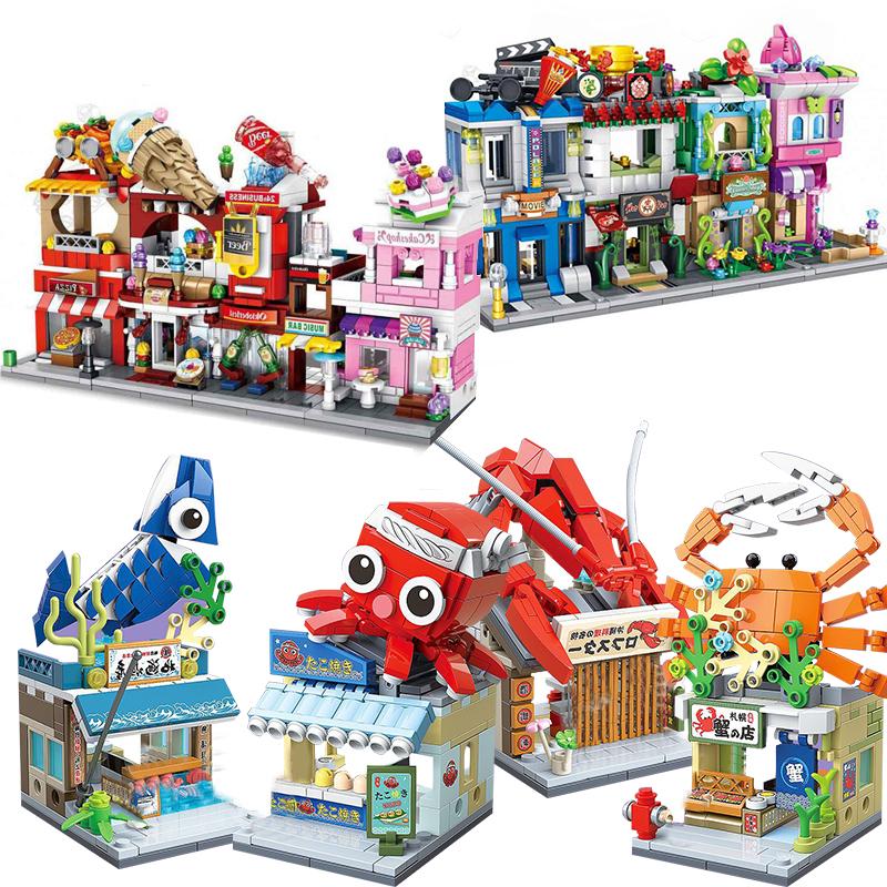 For Retail Store Architecture City Miniature Street VieBuilding Blocks House Food Shop Cafe Dinr Restaurant Model Toys