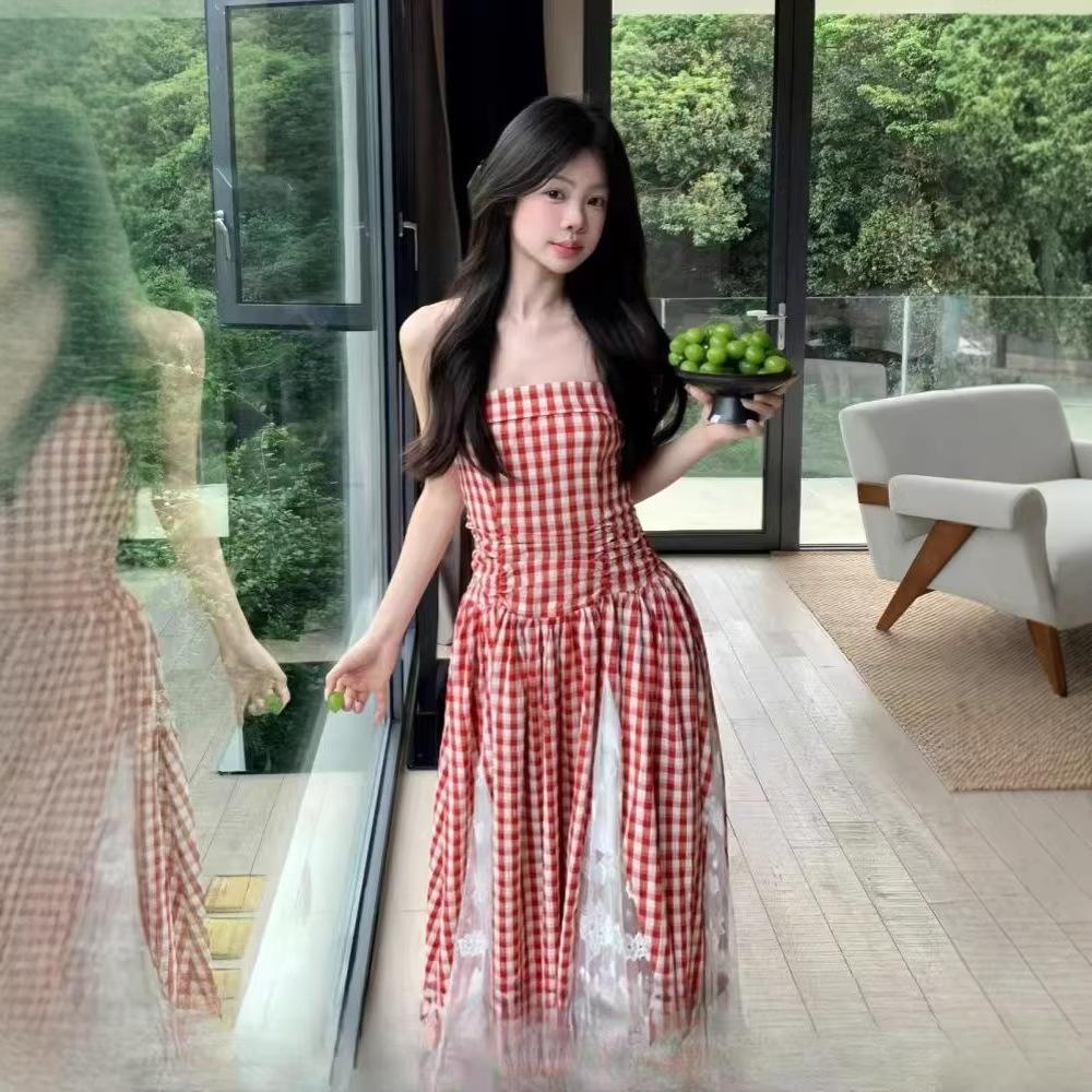 French Summer Plaid Retro Tube Top Dress Temperament New Waist Splicing Skirt Slim Long Skirt
