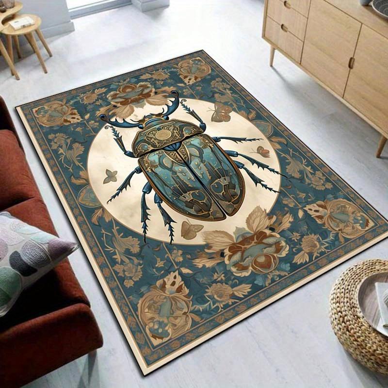 Vintage Beetle Rug with Floral Border  Antique Style Living Room Carpet, Nature-Inspired Home Decor Items Skid resistant carpet