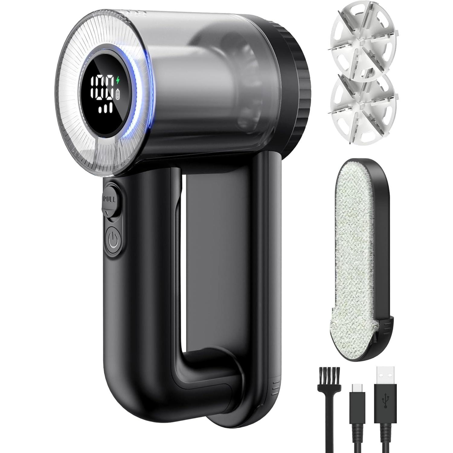 Fabric Shaver Electric Lint Remover Rechargeable Lint Shaver Digital Display Fabric Sweater Shaver 3 Speeds 6 Leaf Blades for Clothing to Remove чёрный