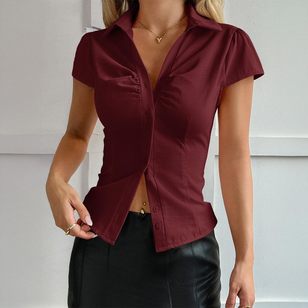 Women's Short Sleeve Button Down Shirt with Pleated Detail Casual Blouse Multi Colors